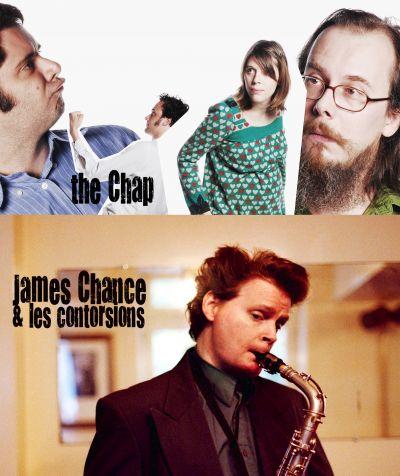 une composition graphique des membres du groupe et un plan américain de James Chance au saxo.