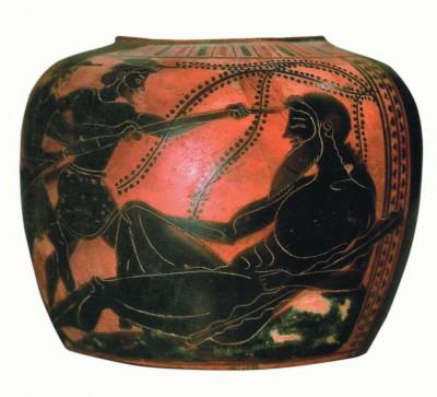 oenoché à figure noire. Sur ce vase antique on y vois Ulysse qui à l'aide de son couteau crève l'oeil du Cyclope Polyphème