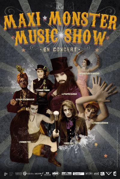 l'affiche à la manière des anciennes affiches de cabaret ou de cirques des année 20 (Long Channey ou freaks)  présente les musiciens