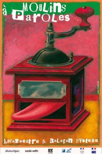 un moulin à café coloré qui tire la langue. Une peinture de Bruno Théry pour illustrer la manifestation Moulins à Parole